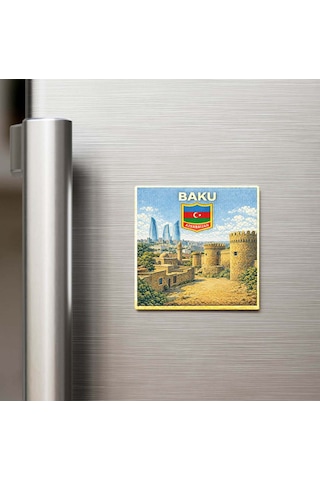 Retro Azerbaycan Bakü Şehri Temalı Vintage Buzdolap Magneti 9x9 Cm