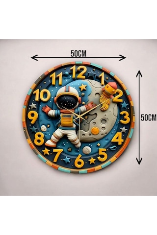 Renkli Baskı Astronot Uzay Çocuk Desenli Sayılı Hediyelik Ahşap Sessiz Duvar Saati 50cm ÇOk Renkli