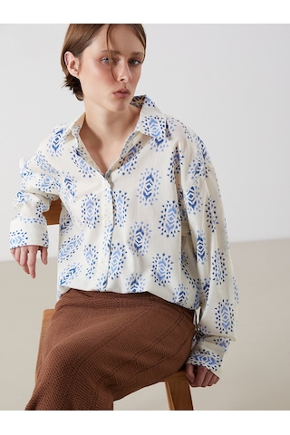Lcw Vision Mavi Desenli Oversize Kadın Gömlek