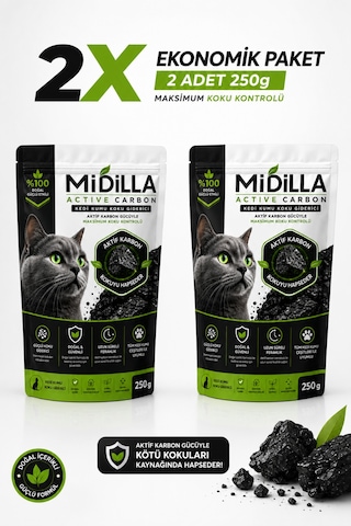Midilla Active Carbon Kedi Kumu Koku Giderici 2 X 250 G %100 Gerçek Aktif Karbon Toplam 500 G
