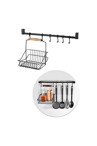 Ferforje Sepet - Duvar Rayı Askılık Mutfak Askısı Sepetli Ahşap Düzenleyici / Siyah