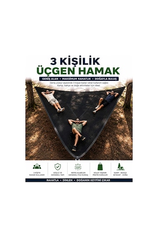 3 Kişilik Üçgen Hamak Dayanıklı File Kumaş Kamp Bahçe Piknik Hamağı Siyah