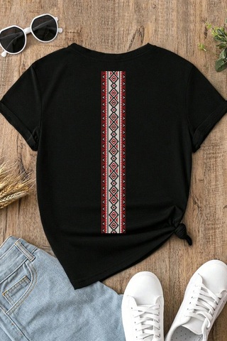 Spoyi Bohem Şerit Tasarımlı %100 Pamuk Yarım Oversize Siyah T-xlhirt