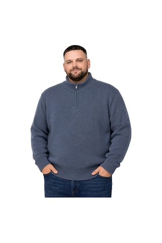 Battalmoda Erkek Büyük Beden İndigo Hattush Fermuarlı Dik Yaka Triko Kazak 3xl-4xl-5xl-6xl Indigo