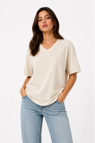 Defymoda V Yaka Basic Tişört Kısa Kol Yazlık Regular Fit T-shirt - Bej