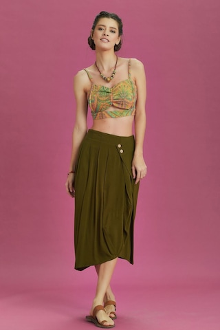 Rahat Kesim Geniş Pileli Haki Anvelop Midi Etek Haki