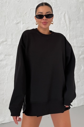Kadın Siyah Bisiklet Yaka Yanı Yarım Fermuar Detaylı Sweatshirt Siyah