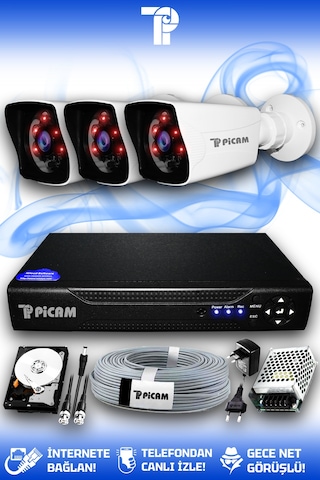 Picam 3 Kameralı Kare 3 Dış Kamera Set 250 GB HDD Full HD Gece Görüşlü Güvenlik Kamerası Sistemi