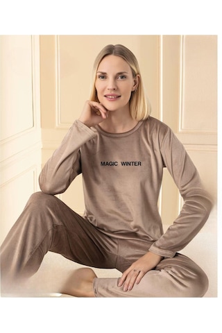Mihra Kadın Kışlık Bisiklet Yaka Kadife Pijama Takımı 13166ka - 1 Adet Kahverengi