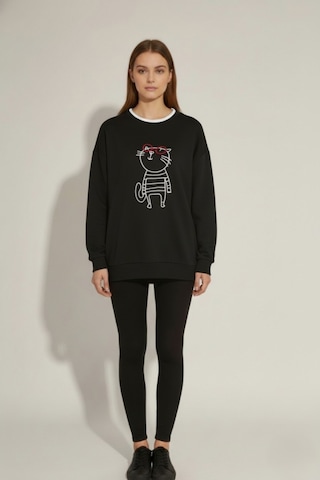 The Kadın Kedi Nakışlı Sweatshirt Rahat Kalıp 3 İplik Şardonsuz, Siyah & Gri Melanj Siyah