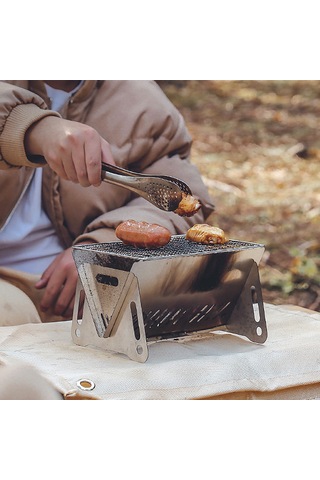 Maiyame Çelik Paslanmaz Katlanabilir Kamp Mangalı, Isıya Dayanıklı Barbekü Tepsili, Hiking Ve Outdoor Pişirme Aleti Gümüş