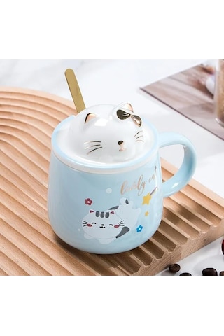 Sevimli Kawai Kedi Kapaklı Kaşıklı 3d Kupa Bardak Mavi, Mavi, 3d Sevimli Kedi Figürlü Diğer
