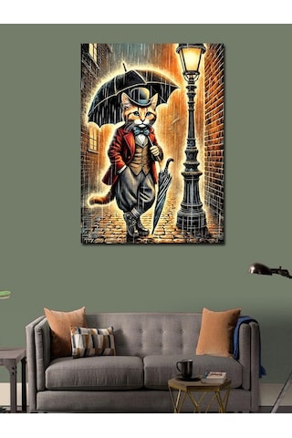 Kanvas Tablo Sokak Lambası Altında Kedi 50cmx70cm