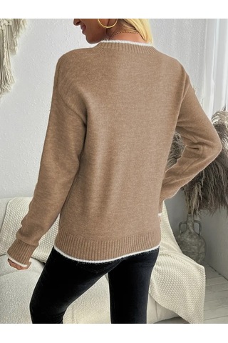 Pazarella Kadın Uzun Kollu Bisiklet Yaka Kar Tane Desenli Triko Bluz Kahve