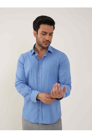 Dufy Koyu Mavi Erkek Slim Fit Düz Klasik Yaka Uzun Kol Gömlek - 92103-koyu Mavi Koyu Mavi