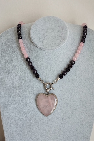 Badeaccessories 8 Mm Ametist , Pembe Kuvars Kalp Doğaltaş Kolye Gümüş