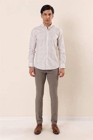 İmza Sarı Uzun Kollu Baskılı Cepsiz Pamuklu Likralı Casual Slim Fit Dar Kesim Gömlek 1004230136-sarı Sarı