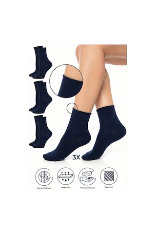 Saysez Bambu Kadın Lastiksiz Lacivert Soket Dikişsiz Premium Çorap 3'lü Paket / İz Bırakmaz /sıkmayan Çorap Lacivert