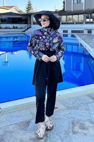 Hmm Swimwear Tam Kapalı Dokuma Tesettür Mayo T244-249 Siyah