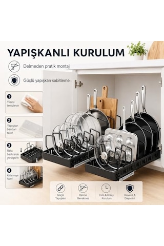 Alper Banyo Sürgülü Organizer Siyah Yapışkanlı Dolap İçi Raylı Düzenleyici, Tencere Kapağı, Tava, Kesme Tahtası Ve Mutfak Gereçleri İçin Çekmece Tipi Organizer, 21 X 42 Cm 12v