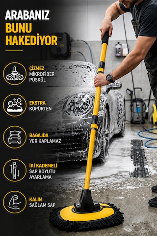 Yeni Oto Mop - Çizmez Mikrofiber - Bagajda Yer Kaplamaz - Ekstra Köpük - 2 Kademeli Sap Ayarı