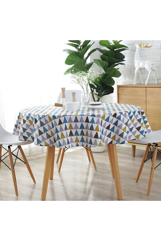 Ximistore9 Koyu Mavi Desenli Yumuşak Keten Masa Örtüsü - 120 Cm Daire Şekilli, Yıkama Dayanıklı, Renk Kaybı Olmayan, Modern Ev Dekoru Sari