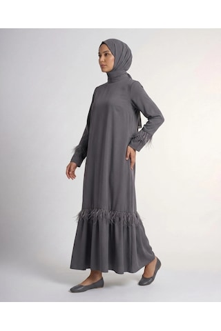 Nevayla Moda Tüy Detaylı Zarif Elbise / Gri - E0133