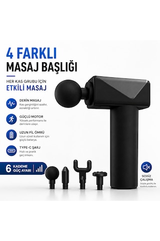 Şarjlı Masaj Tabancası 6 Kademeli Type-c Şarjlı Sessiz Kas Masaj Aleti 4 Başlıklı Derin Doku Masaj Cihazı Gri - Siyah