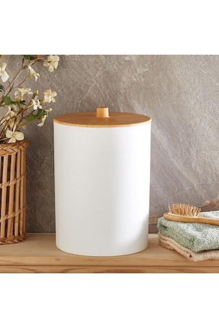 Bersachef Limpia Bambu Desenli 5'li Banyo Seti Çöp Kovası Sıvı Sabunluk Diş Fırçalık Kutusu Banyo Seti Beyaz