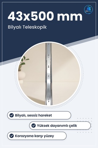 Teleskopik Bilyalı Çekmece Rayı 43x500mm Mobilya Hırdavatı Mutfak Çok Renkli