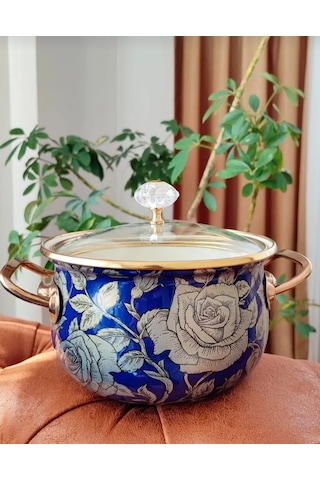 Lüx Vintage 18 Cm 2 Litre Küçük Boy Lacivert Gül Emaye Süt Yoğurt Yemek Tencere Gold - Lacivert