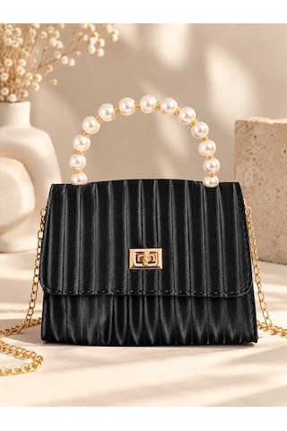 Elpida Bags Siyah Incili Omuz Çantası - Kartlık, Cep Aynası, Saç Tokası & Kişiye Özel Charm Hediye Seti Siyah - Krem