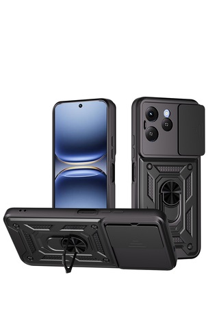 Tecno Spark 40 Kılıf Tam Korumalı Magnetik Standlı Kamera Korumalı Sürgülü Vega Kapak Siyah