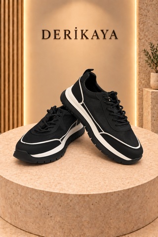Deri Kaya Erkek Premium Kalın Taban Bağcıklı Günlük Sneaker Spor Ayakkabı Siyah