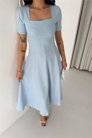 Neşeli Butik Kadın Bebe Mavi Taş Detaylı Kare Yaka Midi Boy Kısa Kollu Elbise Nbk4605 Bebe Mavisi