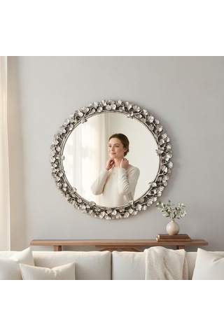 Tr Dekoratif Duvar Aynası Yuvarlak Modern Çiçek Desenli Çerçeve, 43 Cm, Salon Antre Banyo İçin Şık Ayna G Genel