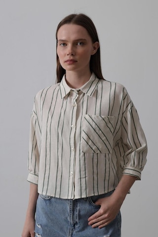 Çizgili Kısa Gömlek - Bej-yeşil Karışık