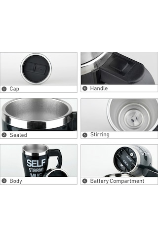 Dancemonkey Otomatik Karıştırmalı 350ml Çelik Termos - Kahve, Çay İçin Siyah Siyah