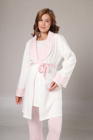 Hafsara Yeni Sezon Kendinden Desenli Kışlık Sabahlıklı Kruvaze Dantel Detaylı Lohusa Pijama Takımı Pembe
