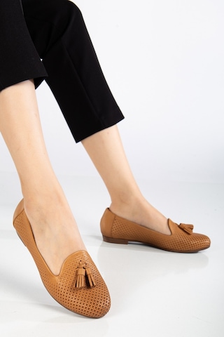 Analin Shoes Kadın Hakiki Deri Baskılı Püsküllü Babet Taba