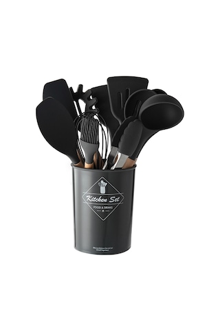 Geeksen 9 Parça Silikon Mutfak Gereçleri Seti - Ahşap Kollü, Isıya Dayanıklı, Anti Kaygan, Saklama Kovalı Siyah