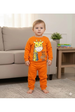 Kız Bebek Zürafa Baskılı Çıt Çıtlı Alt Üst İkili Gündelik Takım 6-18 Ay Turuncu