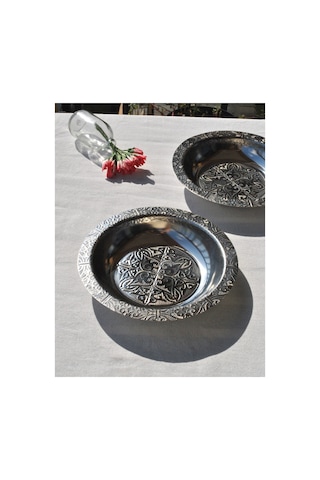 6 Adet Paslanmaz Çelik Etnik Desenli Çukur Yemek Tabağı 20 Cm Meze Tabak Gümüş