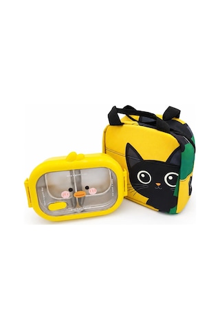 Valkyrie 304 Paslanmaz Çelik Çocuk Beslenme Kabı Kedili Termal Çantalı 2 Bölmeli Lunch Box Yemek Kabı Sarı