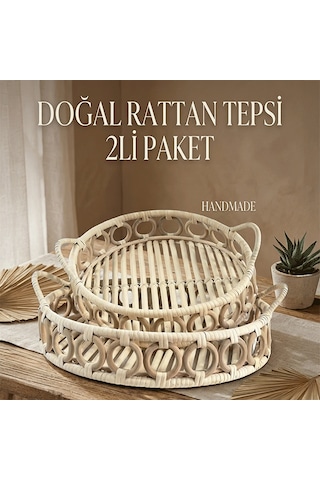 2 Adet %100 El Yapımı Tepsi, Doğal Rattan Tepsi, Sunum Tepsisi Bh24494 Rattan