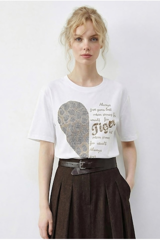 Shade Kadın Leopar Kalp Taş İşlemeli Bisiklet Yaka Regular Fit T-shirt 2210 60283976 - Beyaz
