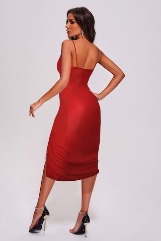 Ergü Kırmızı Askılı Pencere Detaylı Yırtmaçlı Midi Boy Kadın Elbise Ergü1521-1