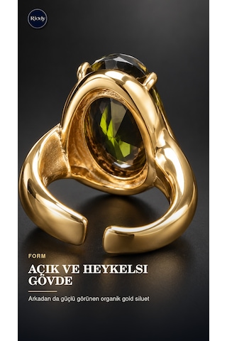 Riody Oil De Minuit Gold Kaplama Doğal Kedi Gözü Taşlı Açık Form Kadın Yüzük Altın Sarısı