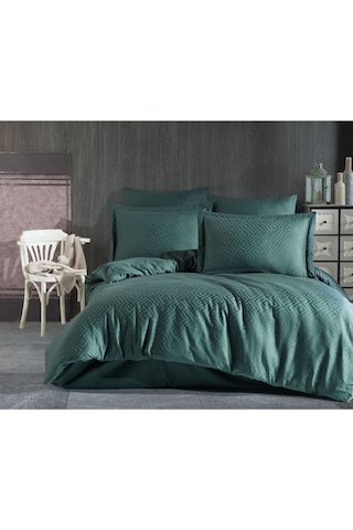 Jakarlı & Saten Çift Kişilik Nevresim Takımı - Geometrik Desen Çeyiz Seti- 200x220cm - Metis Yeşil Yeşil