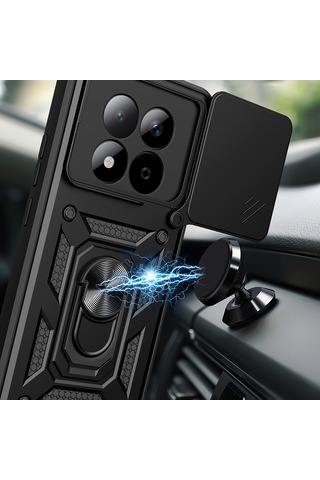 Maks Technology Redmi Note 15 Pro Kılıf Magnetik Standlı Kamera Korumalı Mkst Sürgülü Vega Kapak - Siyah
